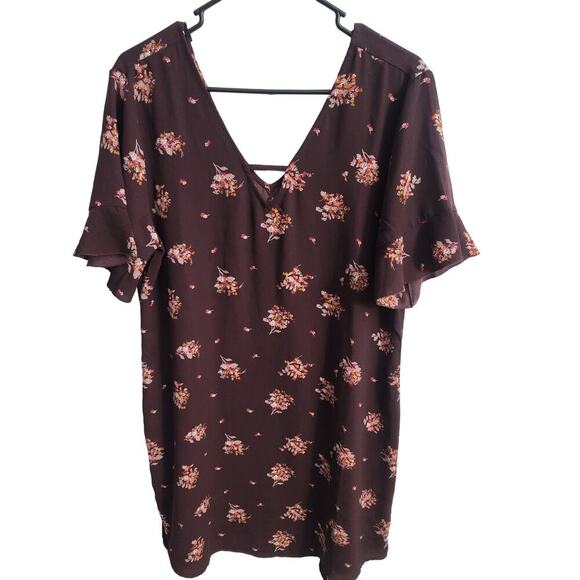 Maurices Dress Long Shirt Women's Maroon Floral V-Neck Short Sleeve Boho Size L - Picture 1 of 3